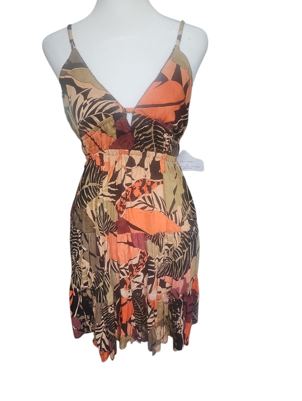 Floral Tropical Print Spaghetti Strap Dress in Orange & Tan